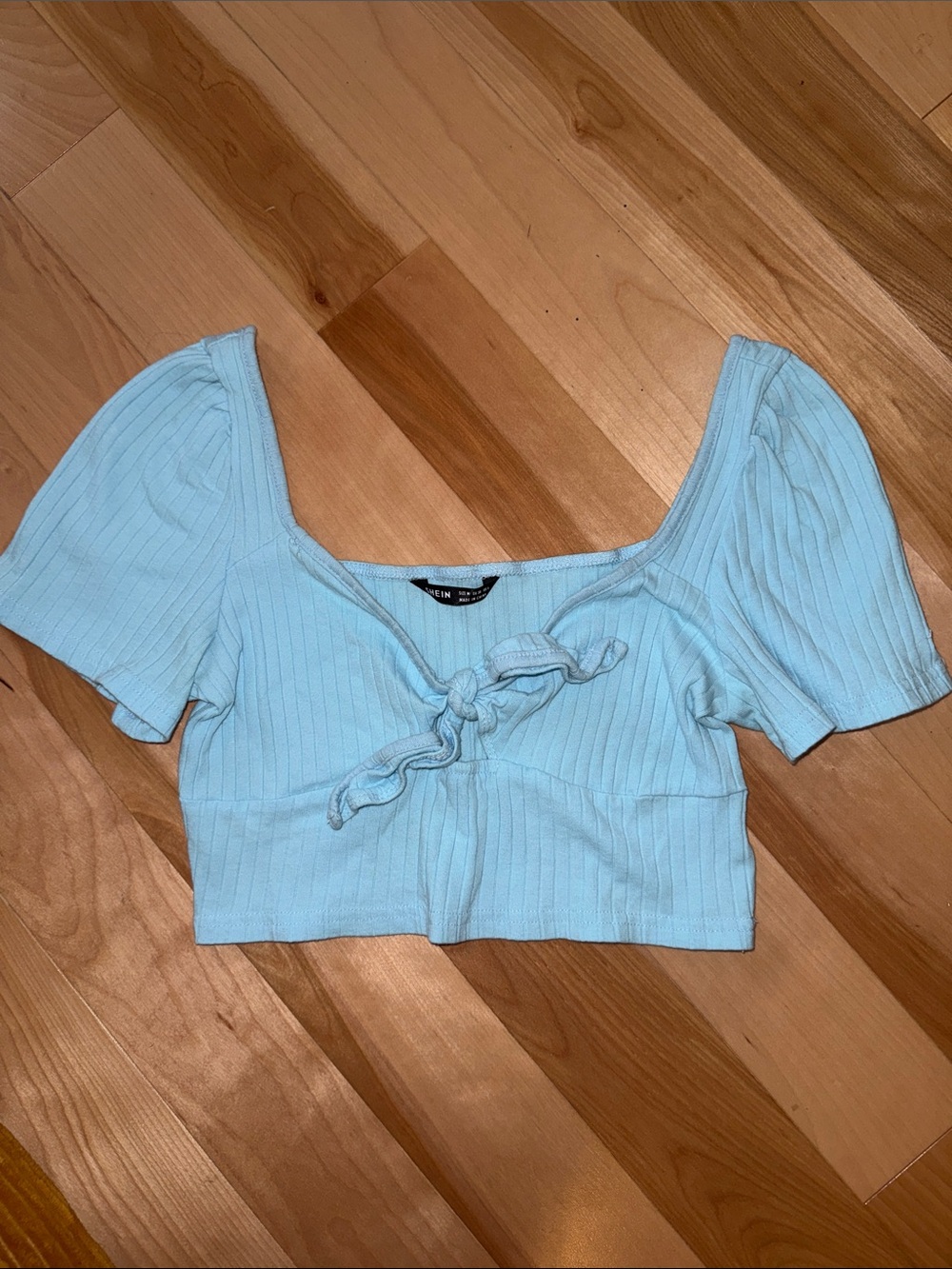 SHEIN Powder Blue Ribbed Tie-Front Crop Top